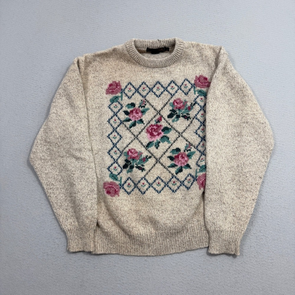 Vintage Eddie Bauer Sweater Women Large Tan Floral Crewneck Wool Blend Pullover